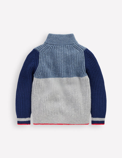 Grobstrickpullover mit Reißverschluss-Grau Meliert Blockfarben-2