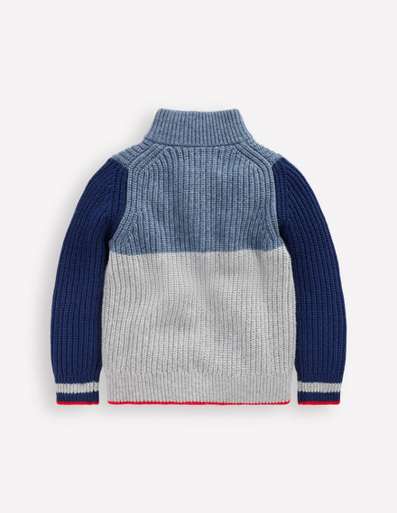 Grobstrickpullover mit Reißverschluss-Grau Meliert Blockfarben