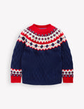 Pull à torsades et motif jacquard-Bleu médiéval