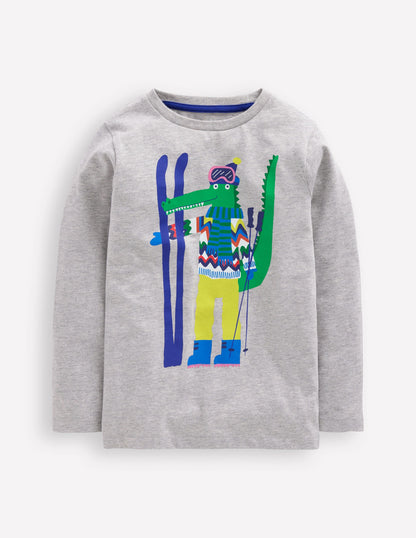 Originelles langärmliges T-Shirt-Grau Meliert Krokodil auf Skiern-2