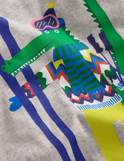 Originelles langärmliges T-Shirt-Grau Meliert Krokodil auf Skiern-4