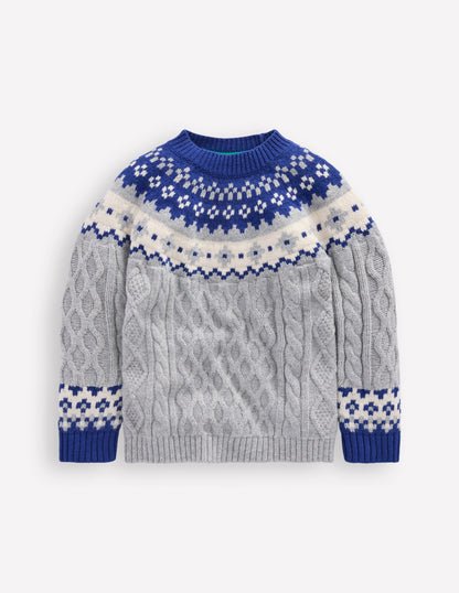 Fair-Isle-Pullover mit Zopfmuster-Grau Meliert-4