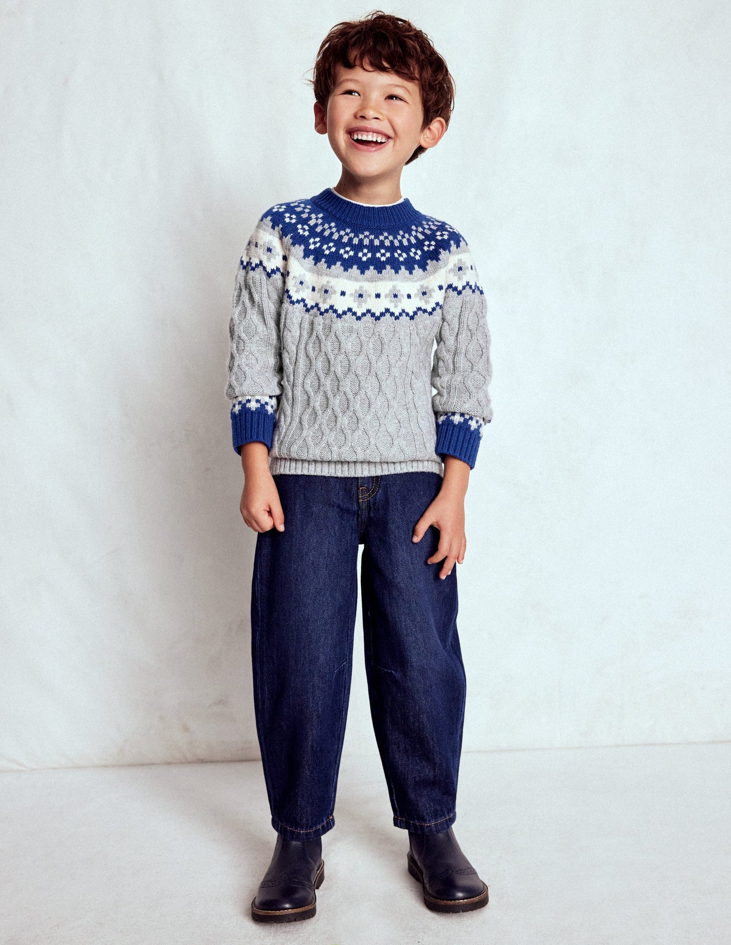 Fair-Isle-Pullover mit Zopfmuster-Grau Meliert
