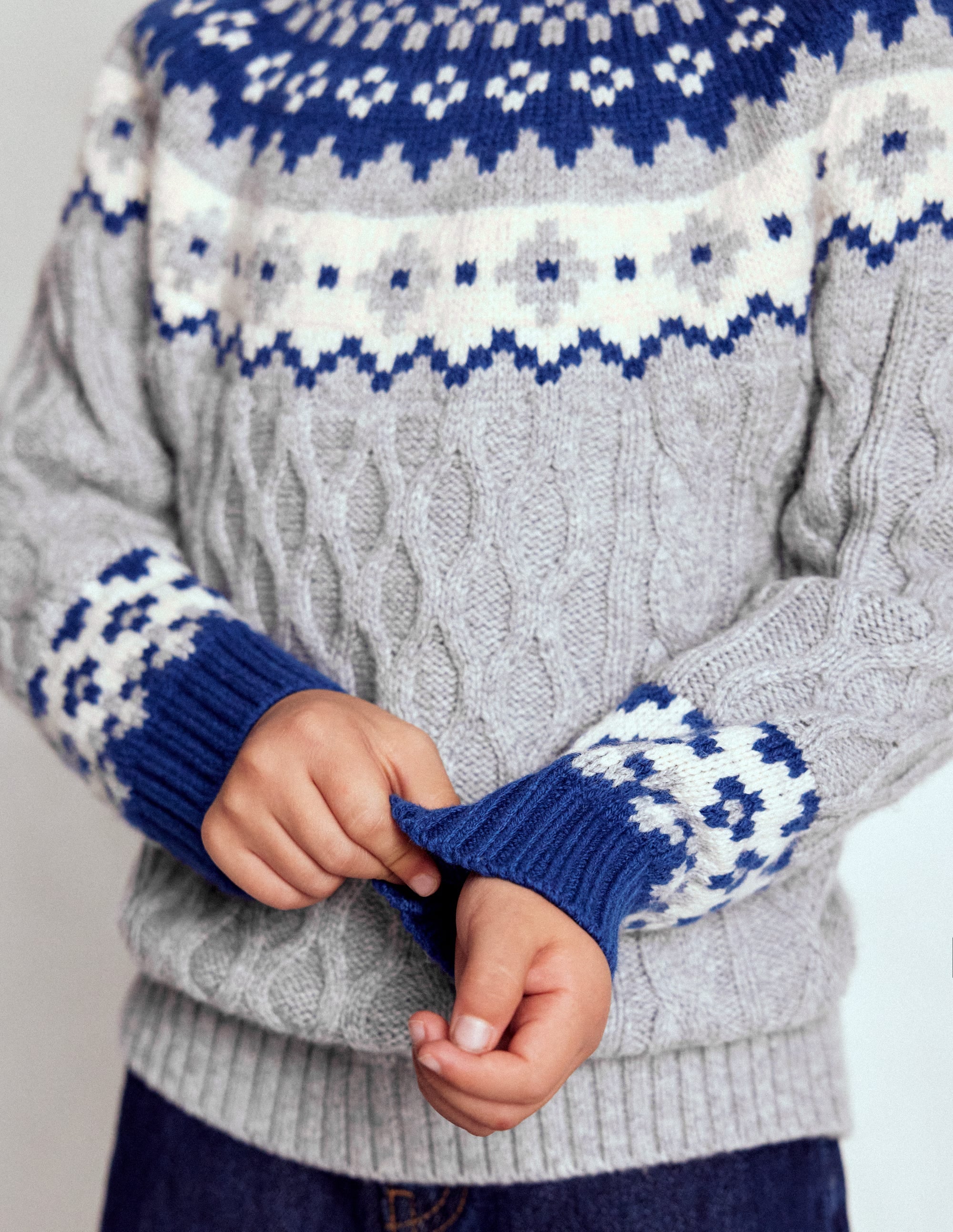 Cable Fair Isle Jumper-Grey Marl - Image 3