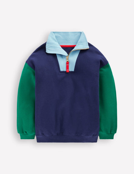 Sweatshirt mit Halbreißverschluss-Mittelalterliches Blau Blockfarben