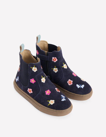 Bestickte Stiefeletten-Marineblau Blumenstickerei