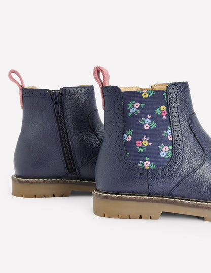 Chelsea-Stiefel aus Leder-Schuluniform-Navy, Blumen-3