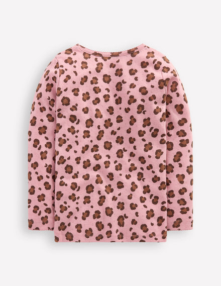 Langärmeliges Oberteil mit Pointelle-Muster-Vintage-Rosa Leopardenmuster