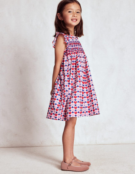 Adeline Gesmoktes Kleid-Mohnblumenrot Geometrisches Herzmuster