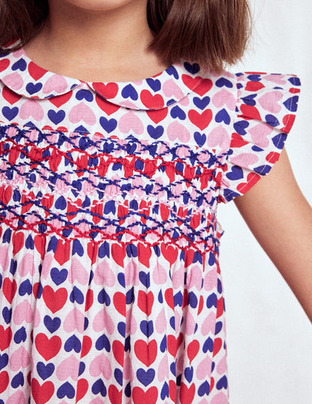 Adeline Gesmoktes Kleid-Mohnblumenrot Geometrisches Herzmuster
