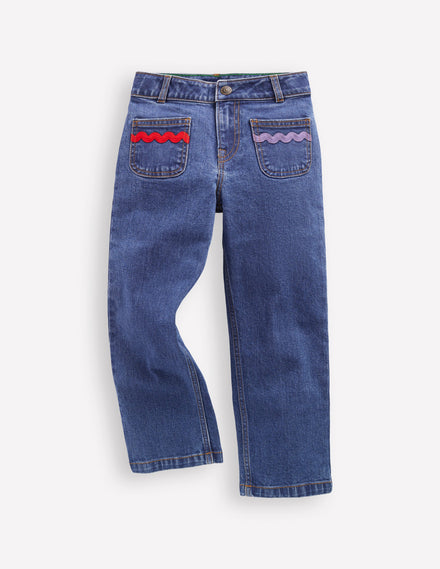 Pantalon à poche plaquée-Denim délavage moyen