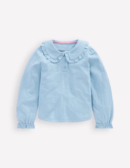 Flammgarn-Oberteil mit Kragen-Vintage Blau-4