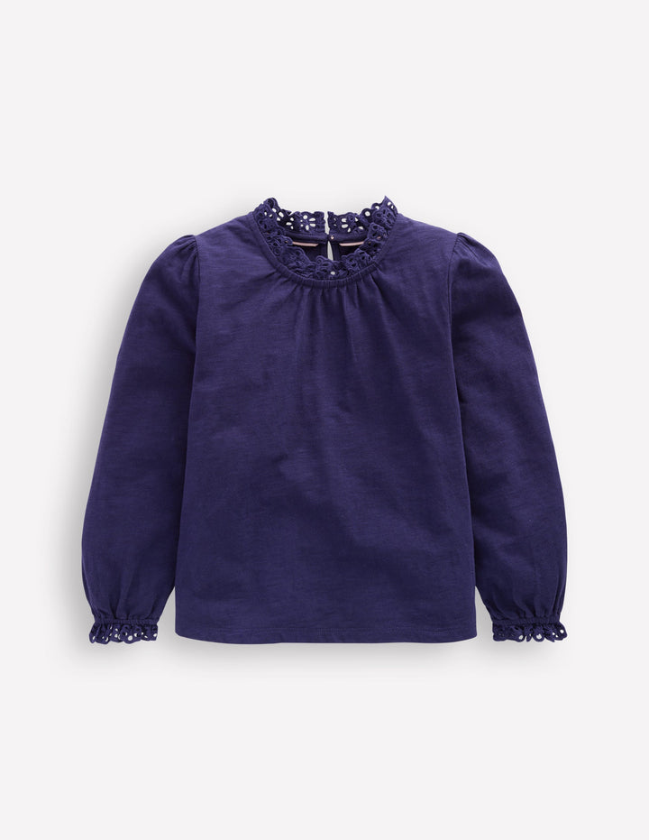 Top en jersey avec broderie anglaise-Bleu tribord