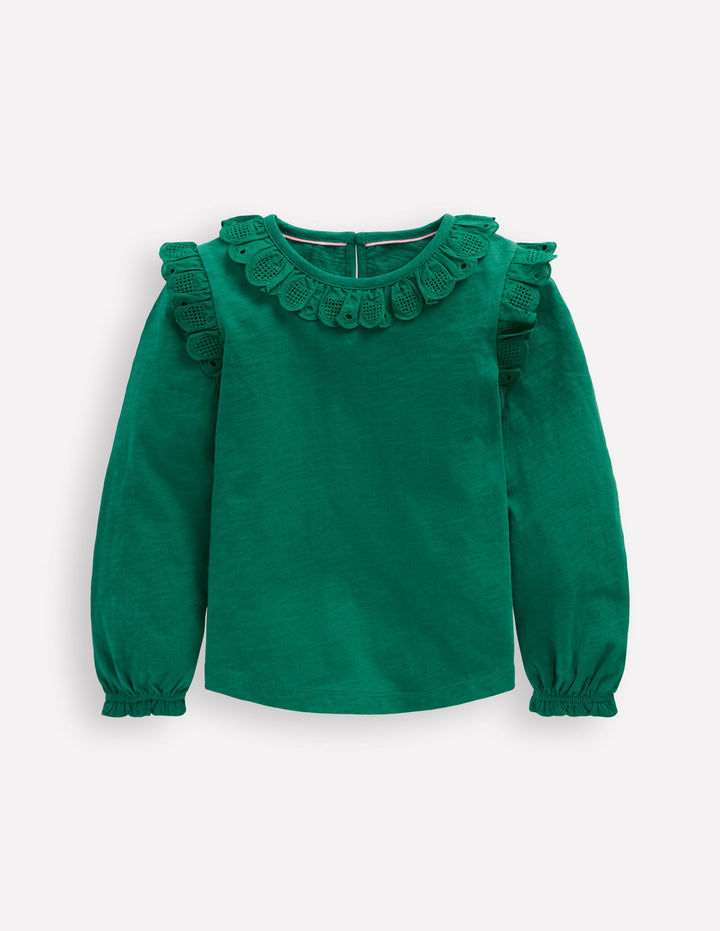 Top avec broderie anglaise cœurs-Vert joyau