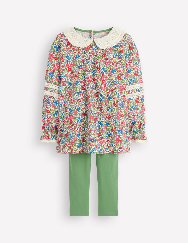 Tunika-Set mit Lochstickerei am Kragen-Vintage-Rosa Blümchenmuster