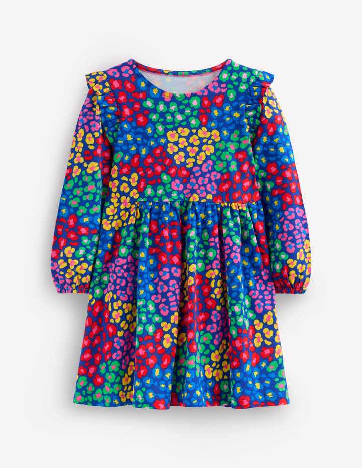 Posie Langärmliges Jerseykleid-Leuchtendes Blau Regenbogen-Leopardenmuster