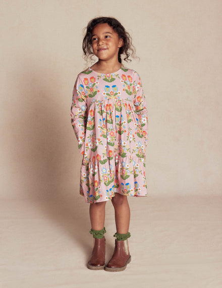 Ariel Langärmliges, schwingendes Kleid-Vintage-Rosa Stiefmütterchen