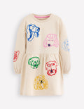 Sweatshirtkleid mit Applikation-Haferbeige Hundegesichter