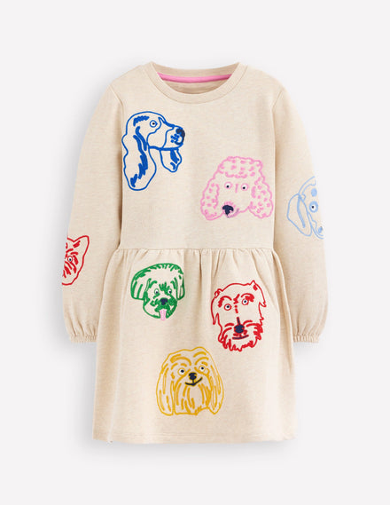 Sweatshirtkleid mit Applikation-Haferbeige Hundegesichter