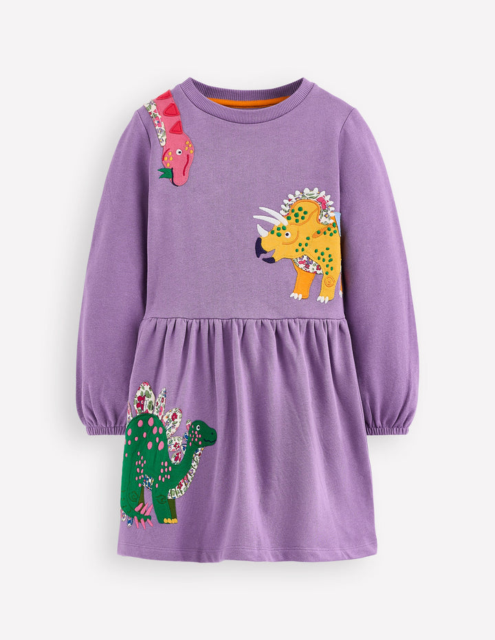 Applique Sweatshirt Dress-Aster Purple Dinosaurs