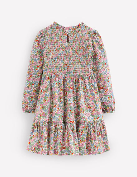 Aurora Langärmliges Kleid-Weiches Naturweiß Beere Blumenmuster