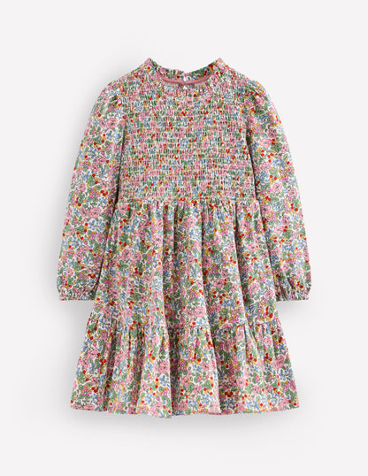 Aurora Langärmliges Kleid-Weiches Naturweiß Beere Blumenmuster-1