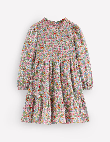 Aurora Langärmliges Kleid-Weiches Naturweiß Beere Blumenmuster