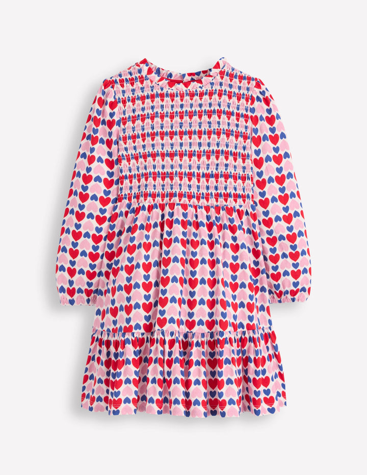 Aurora Langärmliges Kleid-Mohnblumenrot Geometrisches Herzmuster