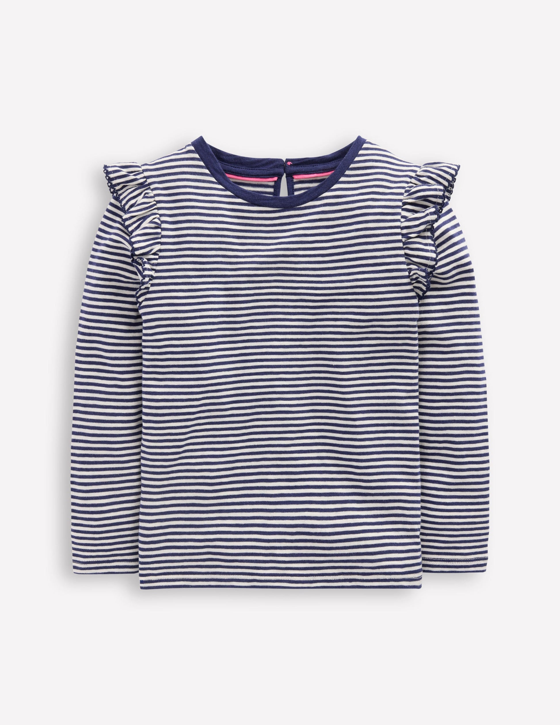 Oberteil aus Flammgarn mit Rüschenärmeln-Sanftes Naturweiß/Schuluniform-Marineblau-5