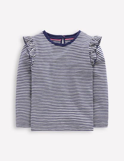 Oberteil aus Flammgarn mit Rüschenärmeln-Sanftes Naturweiß/Schuluniform-Marineblau-5