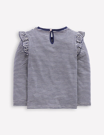 Oberteil aus Flammgarn mit Rüschenärmeln-Sanftes Naturweiß/Schuluniform-Marineblau-6