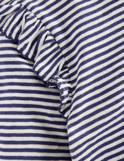 Oberteil aus Flammgarn mit Rüschenärmeln-Sanftes Naturweiß/Schuluniform-Marineblau-7