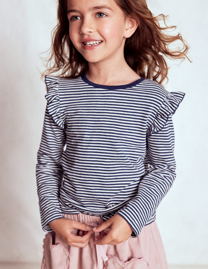 Oberteil aus Flammgarn mit Rüschenärmeln-Sanftes Naturweiß/Schuluniform-Marineblau