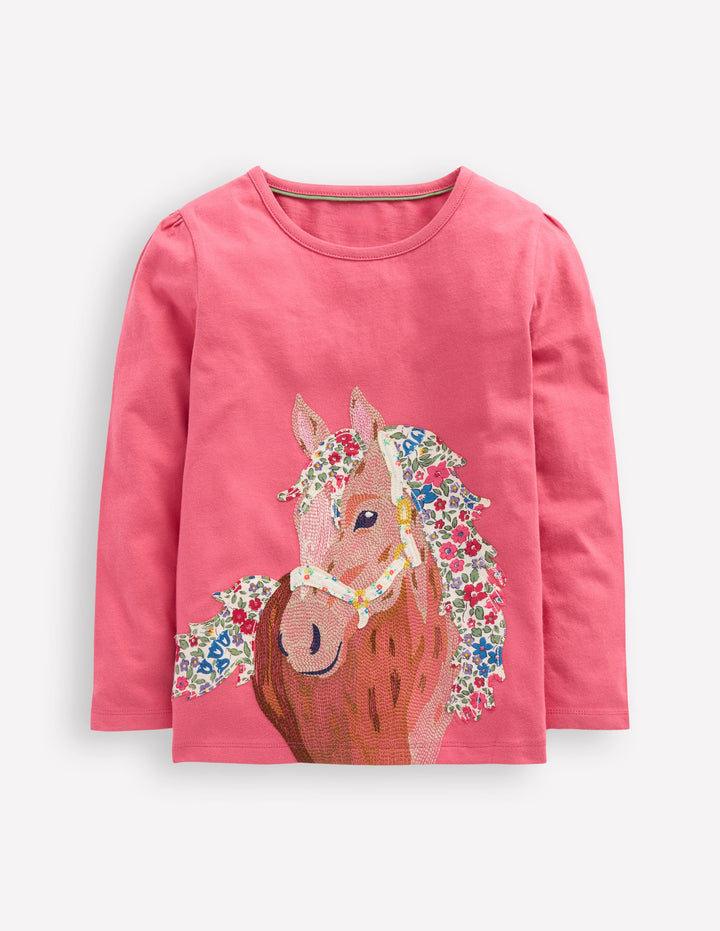T-shirt à manches longues et super surpiqûres-Chevaux rose