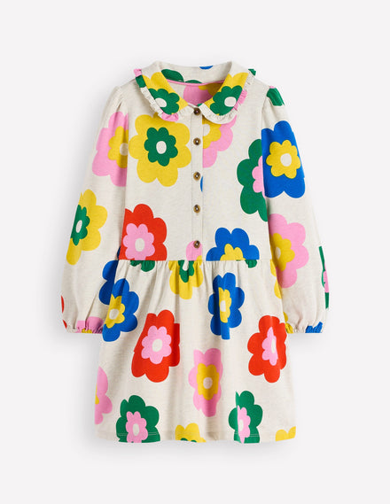 Kuscheliges Jersey-Hemdblusenkleid-Bunt Große Blume