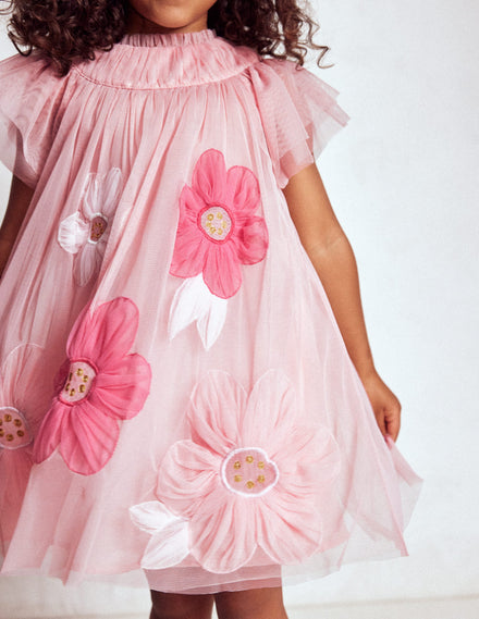 Tüllkleid mit Applikationen-Kreiderosa Blume