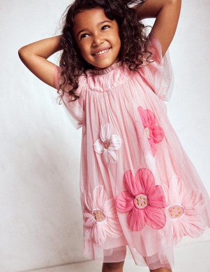 Tüllkleid mit Applikationen-Kreiderosa Blume-4