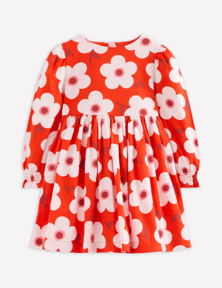 Madeline Langärmliges Kleid-Abendrot-Orange Riesengänseblümchen