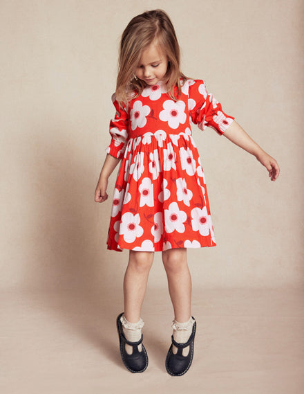 Madeline Langärmliges Kleid-Abendrot-Orange Riesengänseblümchen