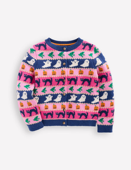 Edie Fair-Isle-Strickjacke-Himbeerrosa Halloween