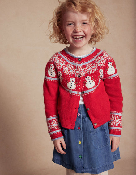Edie Fair-Isle-Strickjacke-Mohnblumenrot Schneemann