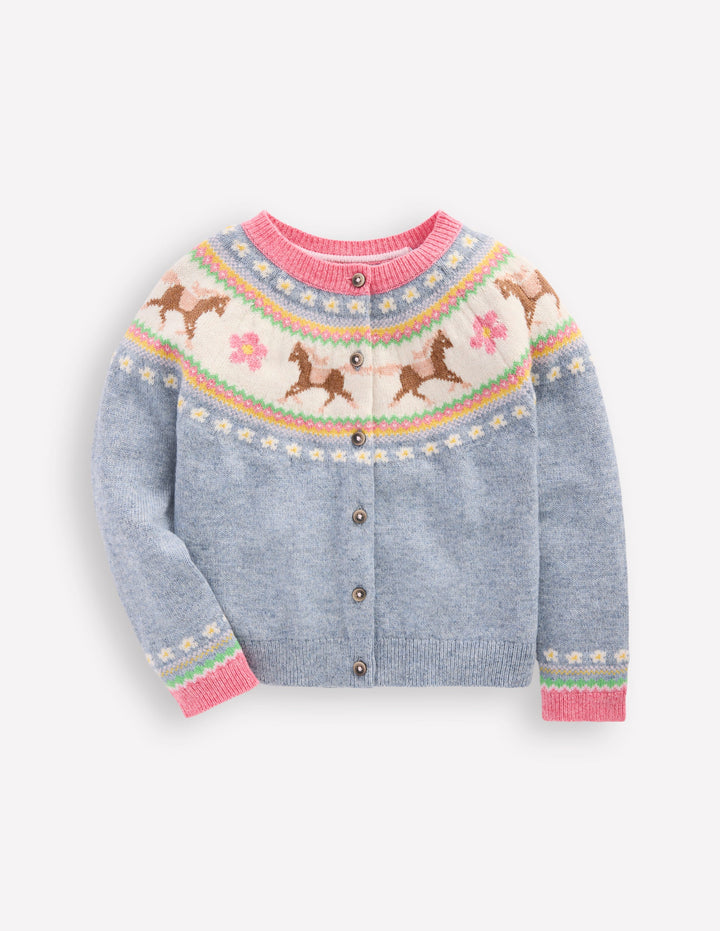 Edie Fair-Isle-Strickjacke-Gletscherblau Meliert Pferde