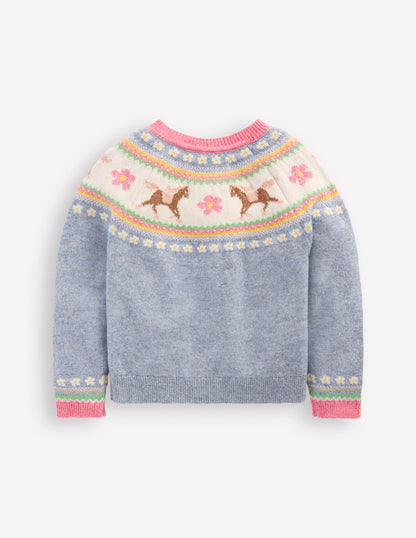 Edie Fair-Isle-Strickjacke-Gletscherblau Meliert Pferde-2