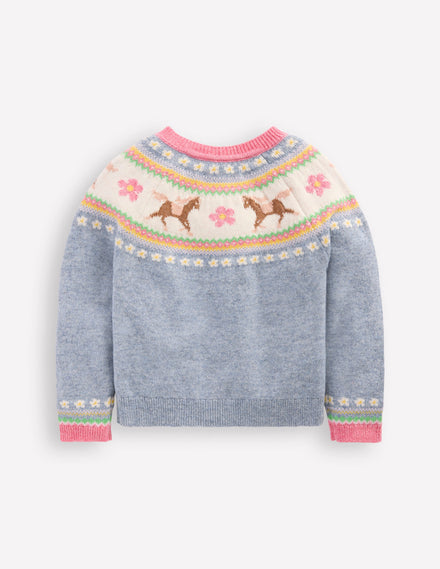Edie Fair-Isle-Strickjacke-Gletscherblau Meliert Pferde