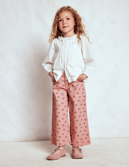 Pantalon large-Motif petites fleurs rose vintage