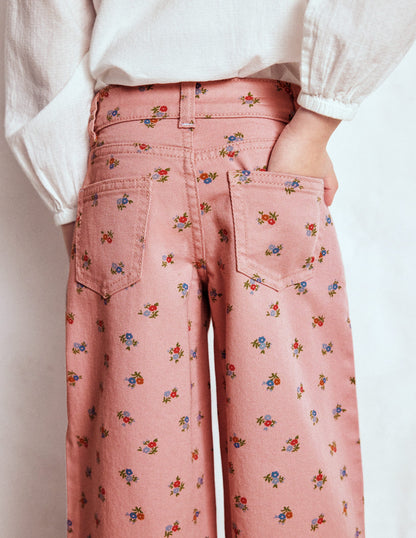 Pantalon large-Motif petites fleurs rose vintage-2
