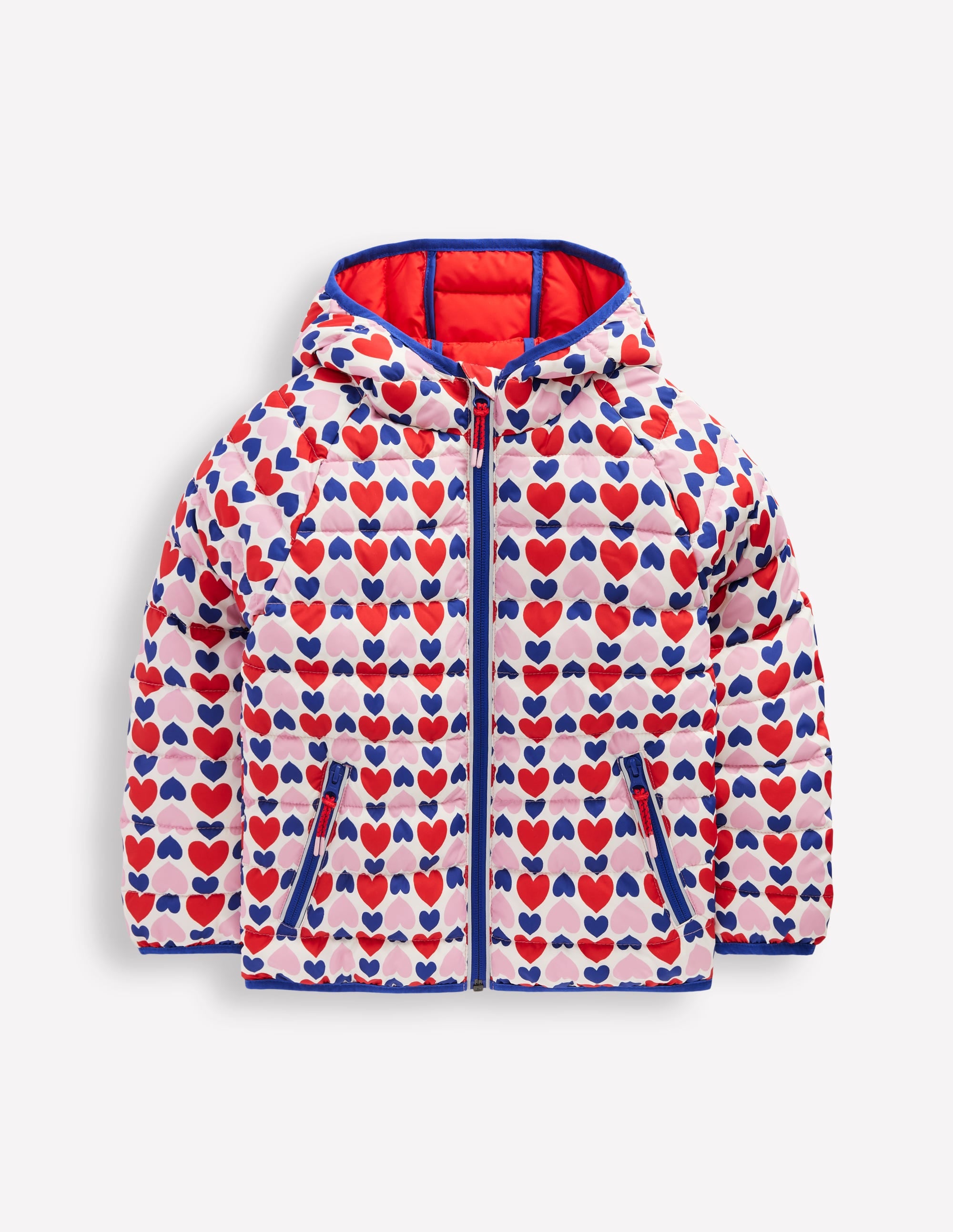 Pack-away Padded Jacket-Poppy Red Geo Heart - Image 1