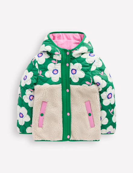 Veste Janie en borg mélangé-Motif marguerite géante vert émeraude profond