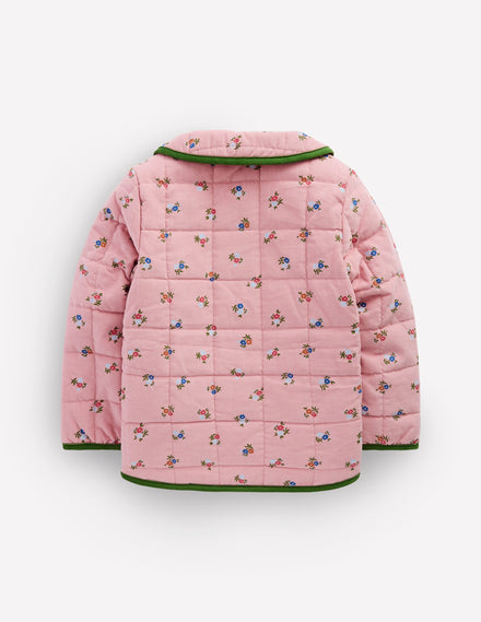 Jolie veste à col en velours côtelé-Motif petites fleurs rose vintage