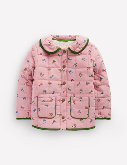 Jolie veste à col en velours côtelé-Motif petites fleurs rose vintage-1